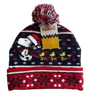 Peanuts Snoopy & Woodstocks Beanie Hat Adult One Size Blue Red Knit Pom NWT